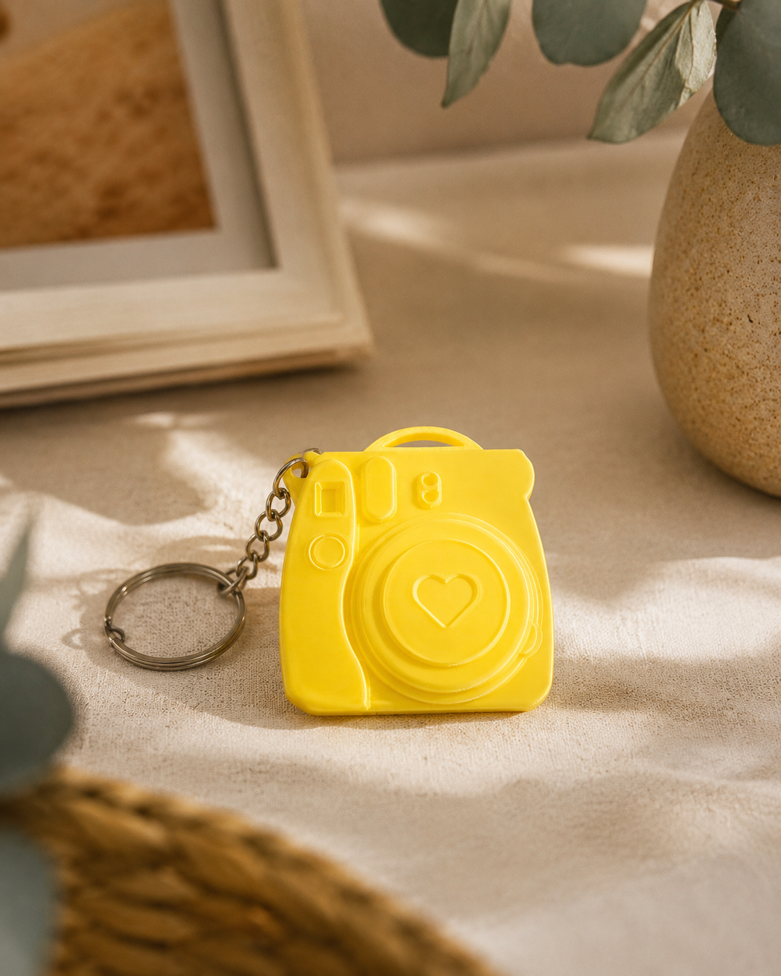 Yellow 3D printed mini camera keychain with a heart-shaped lens, on a linen surface